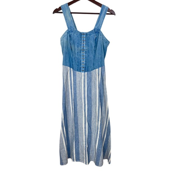 California Gold Rush Dresses & Skirts - 90s Vtg Womens Dress Sz S/M Linen Denim Corset Cottage Sleeveless Midi Boho Twee